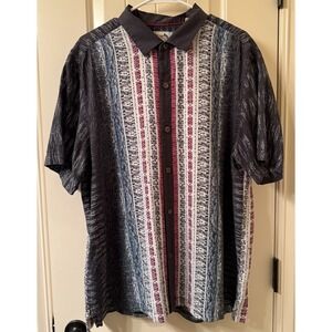 Tommy Bahama Shirt XL Men's Island Modern Fit 100% Silk Blue Tribal Stripe Logo